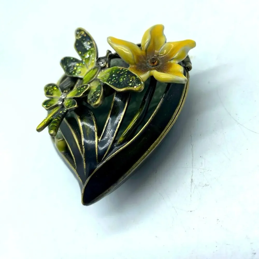 Green Heart‎ Shaped Trinket Box Dragonflies and Flower Enameled Rhinestones